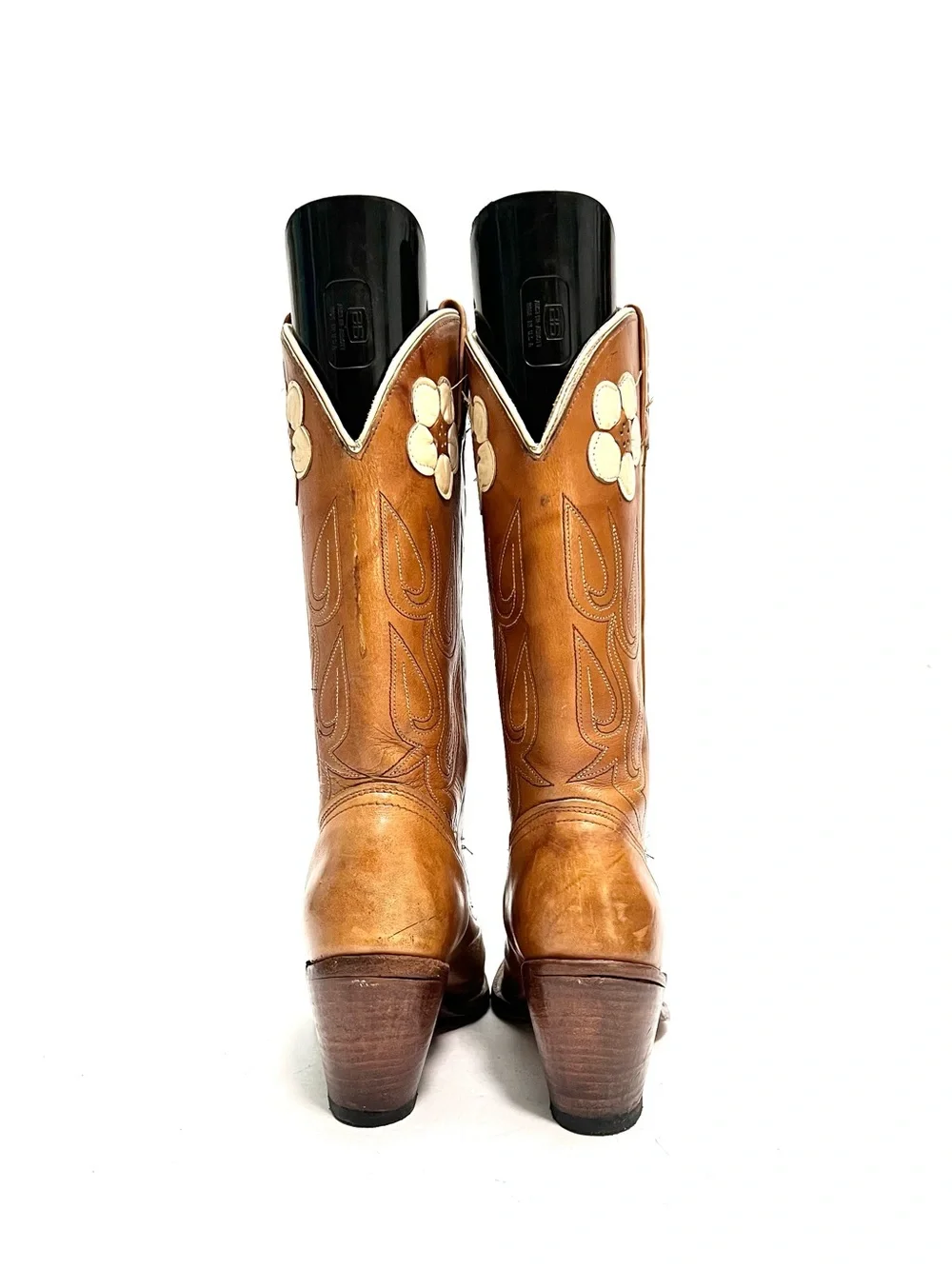 Vintage 1990s women's tan leather floral appliqué heeled cowboy boots - Picture 7 of 9